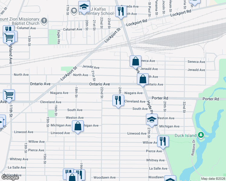 map of restaurants, bars, coffee shops, grocery stores, and more near 2225 Ontario Avenue in Niagara Falls