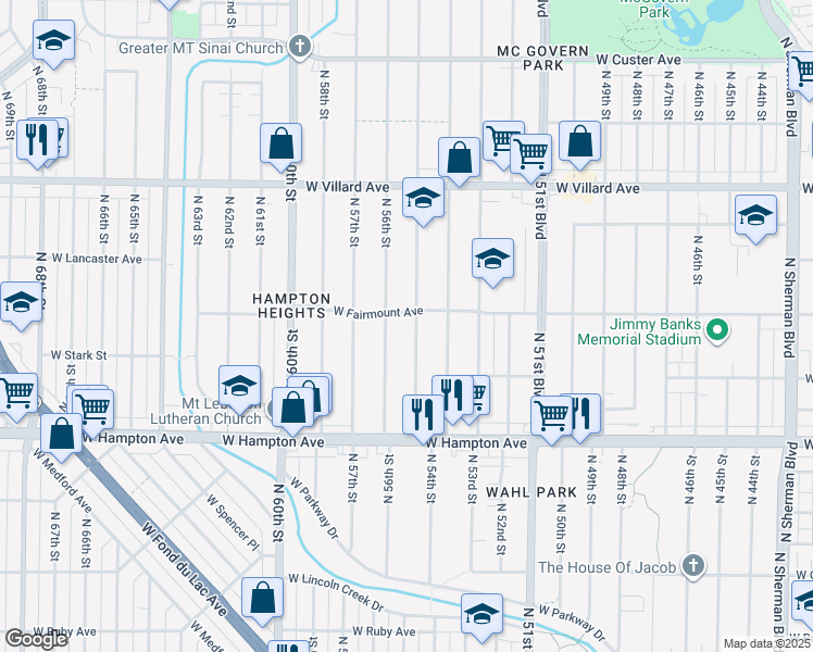 map of restaurants, bars, coffee shops, grocery stores, and more near 4965 North 55th Street in Milwaukee