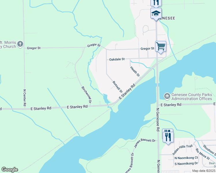 map of restaurants, bars, coffee shops, grocery stores, and more near 7139 Russell Street in Genesee charter Township