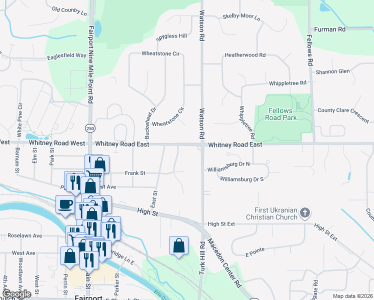 map of restaurants, bars, coffee shops, grocery stores, and more near 1172 Whitney Road East in Fairport