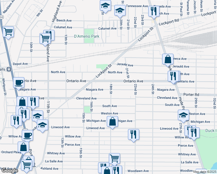 map of restaurants, bars, coffee shops, grocery stores, and more near 1803 Ontario Avenue in Niagara Falls