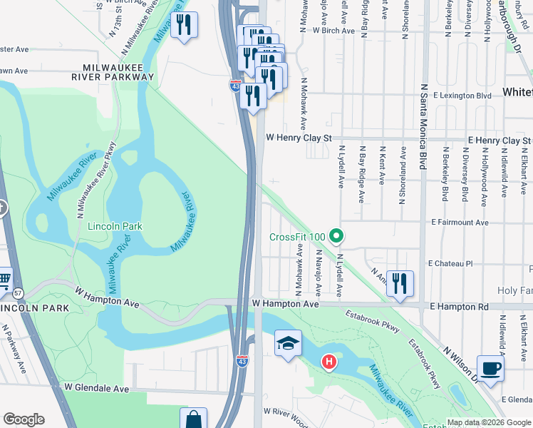 map of restaurants, bars, coffee shops, grocery stores, and more near 5050 North Port Washington Road in Milwaukee