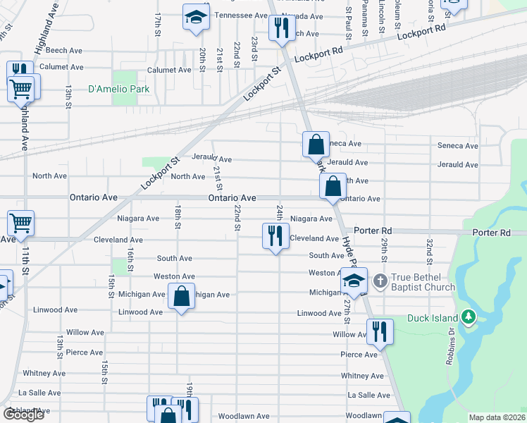 map of restaurants, bars, coffee shops, grocery stores, and more near 2225 Ontario Avenue in Niagara Falls