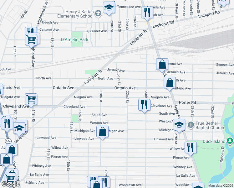 map of restaurants, bars, coffee shops, grocery stores, and more near 1831 Ontario Avenue in Niagara Falls