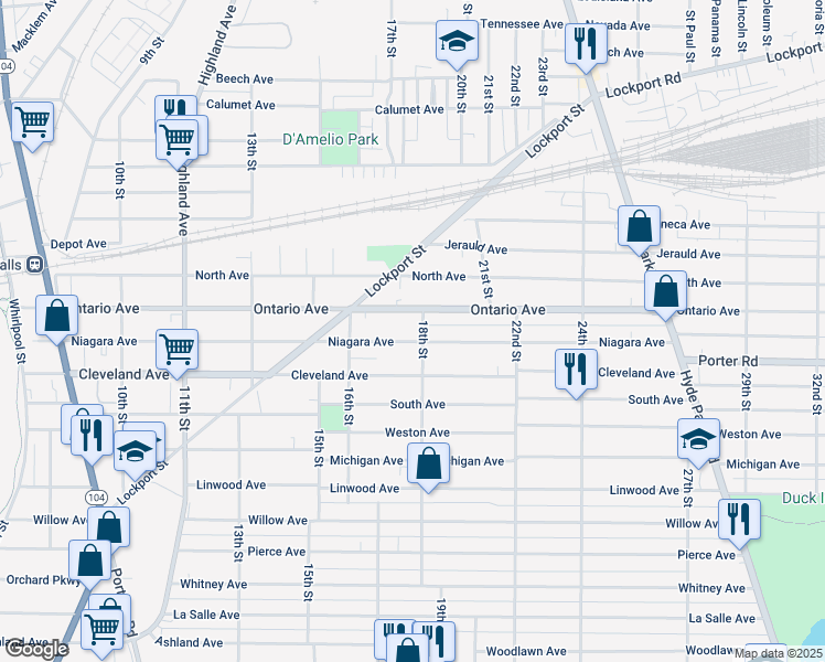 map of restaurants, bars, coffee shops, grocery stores, and more near 1803 Ontario Avenue in Niagara Falls