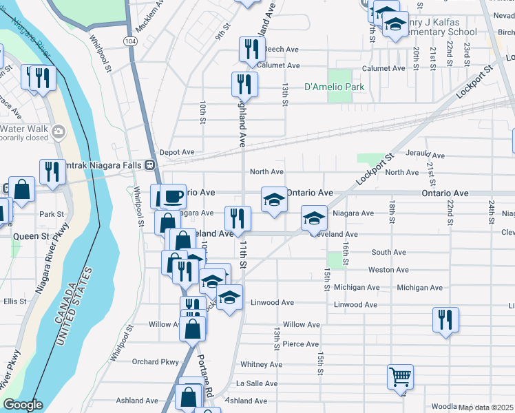map of restaurants, bars, coffee shops, grocery stores, and more near 1113 Ontario Avenue in Niagara Falls