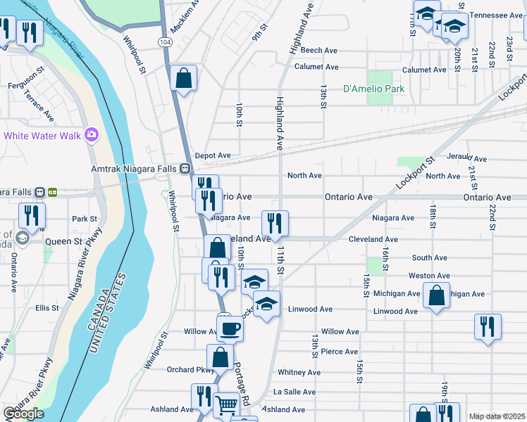 map of restaurants, bars, coffee shops, grocery stores, and more near 1031 Ontario Avenue in Niagara Falls