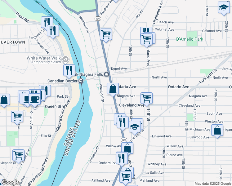map of restaurants, bars, coffee shops, grocery stores, and more near 919 Ontario Avenue in Niagara Falls