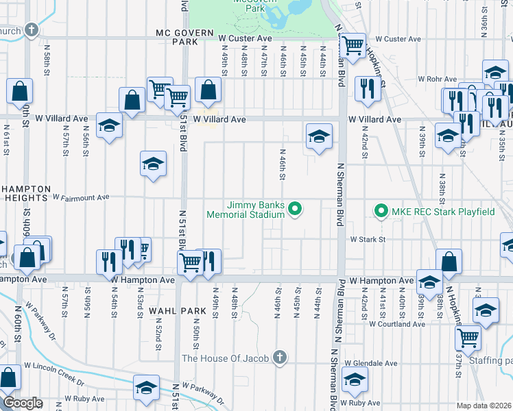 map of restaurants, bars, coffee shops, grocery stores, and more near 5011 North 47th Street in Milwaukee