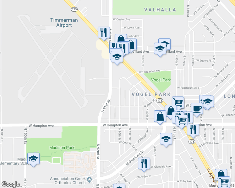 map of restaurants, bars, coffee shops, grocery stores, and more near 5000 North 90th Street in Milwaukee