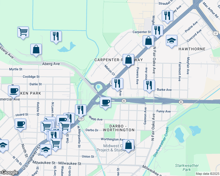 map of restaurants, bars, coffee shops, grocery stores, and more near 3100 East Washington Avenue in Madison