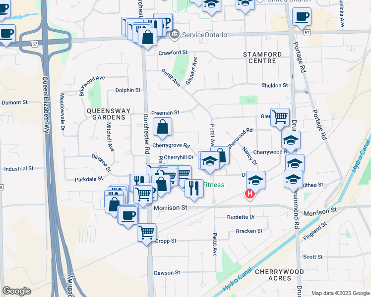 map of restaurants, bars, coffee shops, grocery stores, and more near 6730 Cherrygrove Road in Niagara Falls
