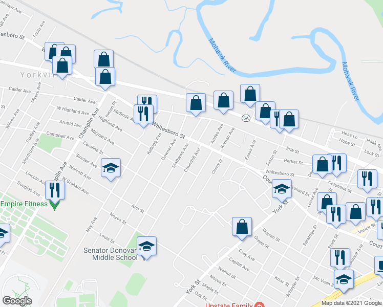 map of restaurants, bars, coffee shops, grocery stores, and more near 914 Churchill Avenue in Utica