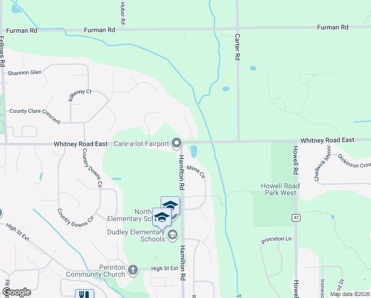 map of restaurants, bars, coffee shops, grocery stores, and more near 3 Lanaray Park in Fairport
