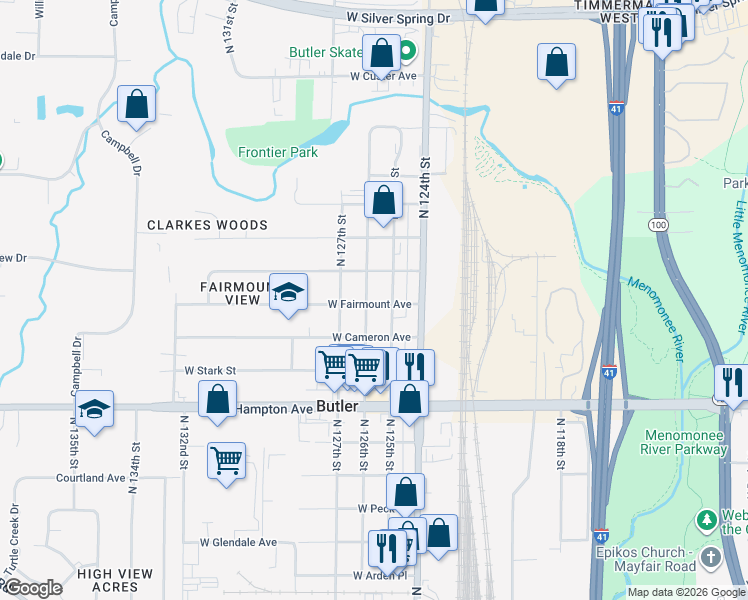 map of restaurants, bars, coffee shops, grocery stores, and more near 5022 North 126th Street in Butler