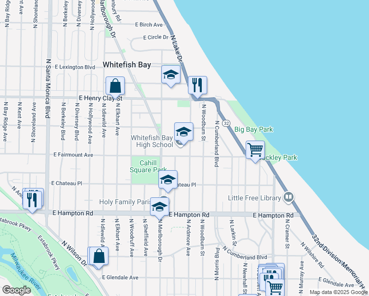 map of restaurants, bars, coffee shops, grocery stores, and more near 1200 East Fairmount Avenue in Whitefish Bay