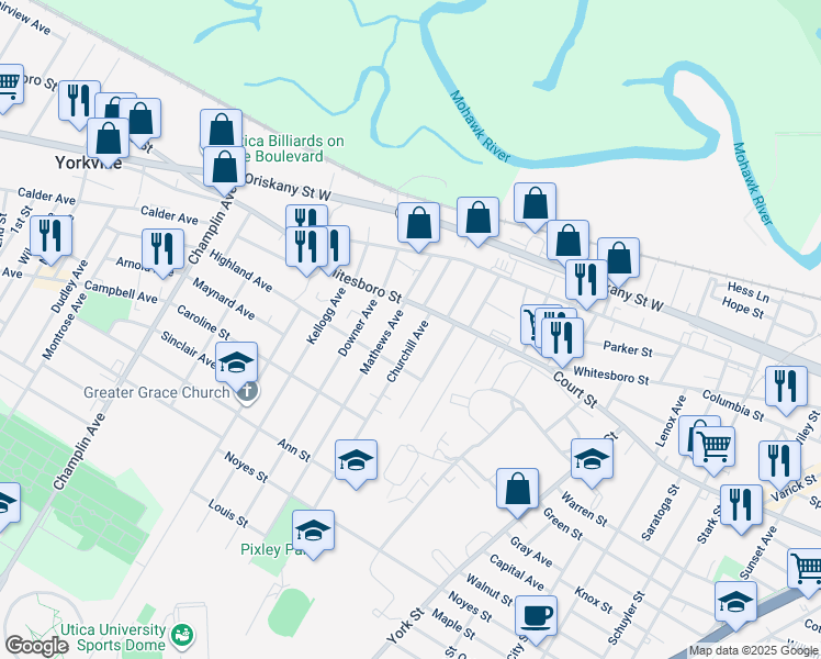map of restaurants, bars, coffee shops, grocery stores, and more near 1801 Whitesboro Street in Utica