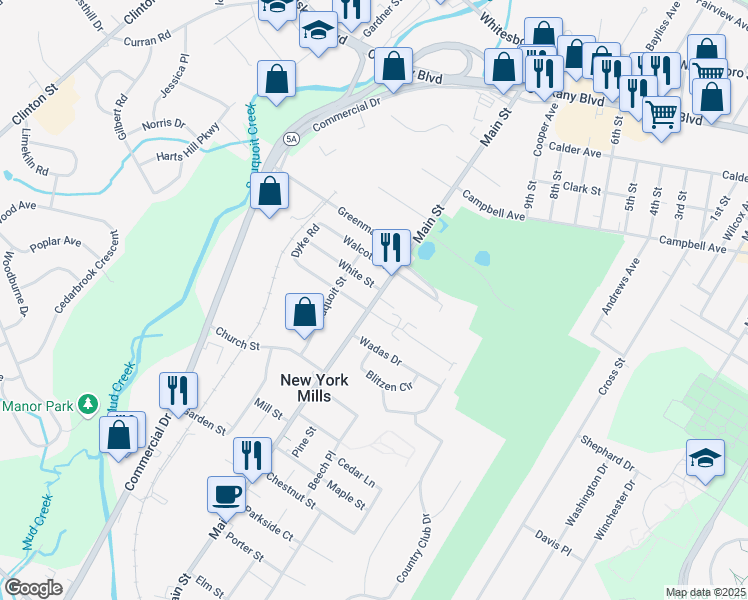 map of restaurants, bars, coffee shops, grocery stores, and more near 207 Main Street in New York Mills