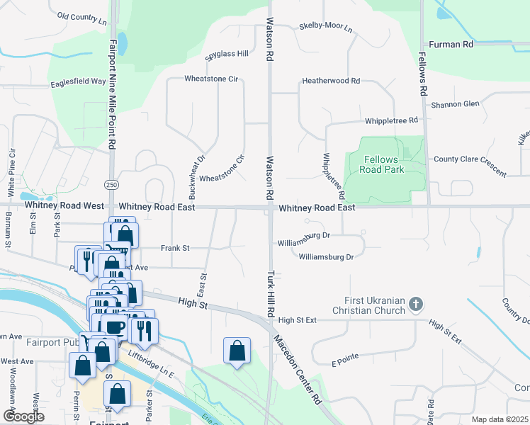 map of restaurants, bars, coffee shops, grocery stores, and more near 1172 Whitney Road East in Fairport