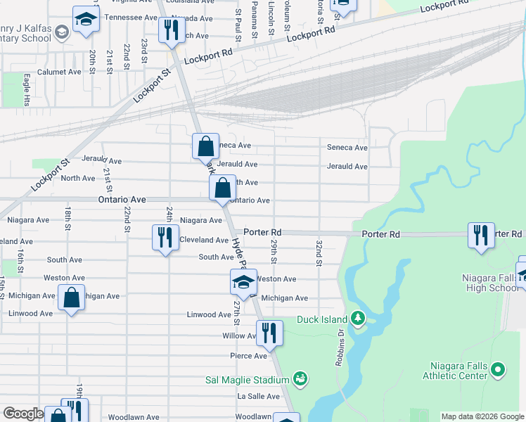 map of restaurants, bars, coffee shops, grocery stores, and more near 2667 Ontario Avenue in Niagara Falls