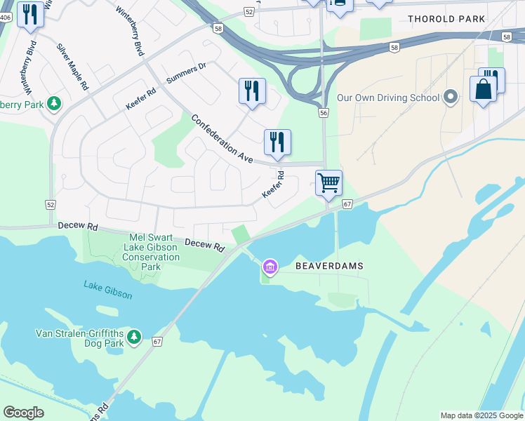 map of restaurants, bars, coffee shops, grocery stores, and more near in Thorold