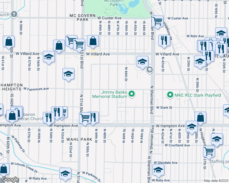 map of restaurants, bars, coffee shops, grocery stores, and more near 5011 North 47th Street in Milwaukee