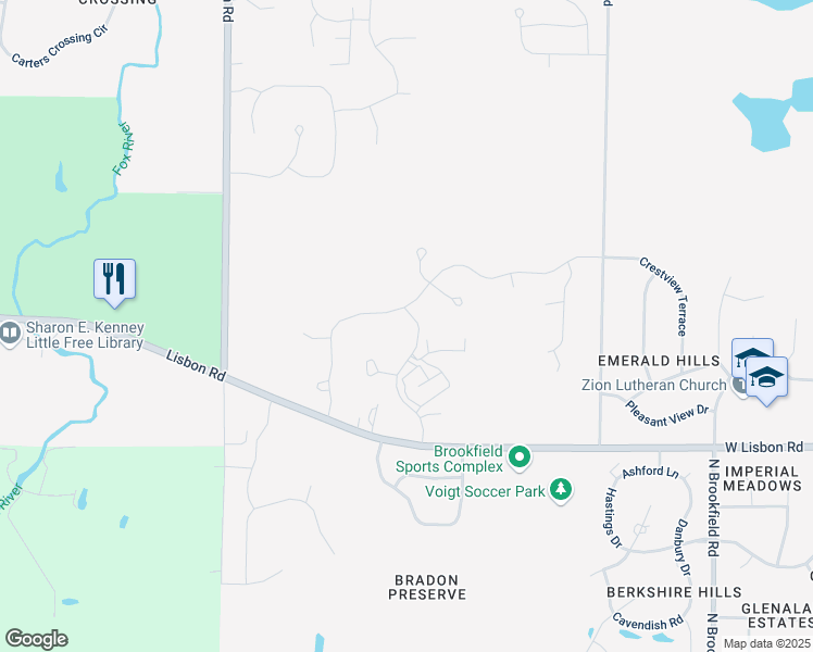 map of restaurants, bars, coffee shops, grocery stores, and more near w198n5020 Hickory street in Menomonee Falls