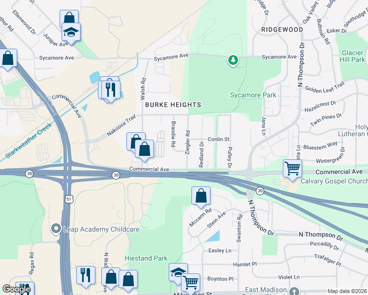 map of restaurants, bars, coffee shops, grocery stores, and more near 727 Brandie Road in Madison