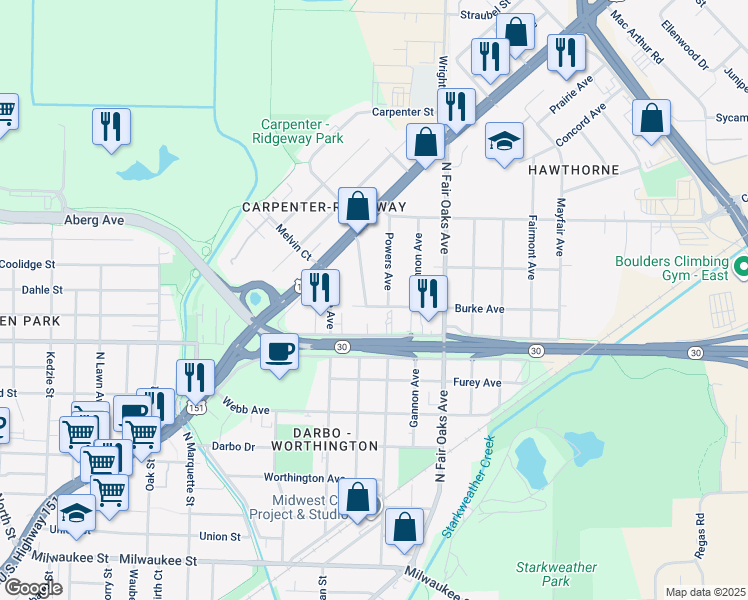 map of restaurants, bars, coffee shops, grocery stores, and more near 721 Pinecrest Drive in Madison