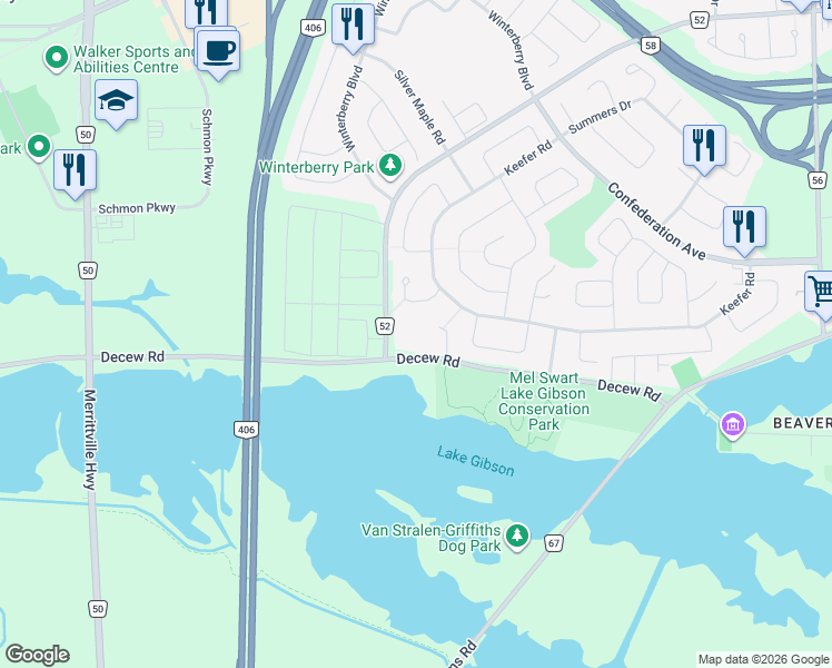 map of restaurants, bars, coffee shops, grocery stores, and more near in Thorold