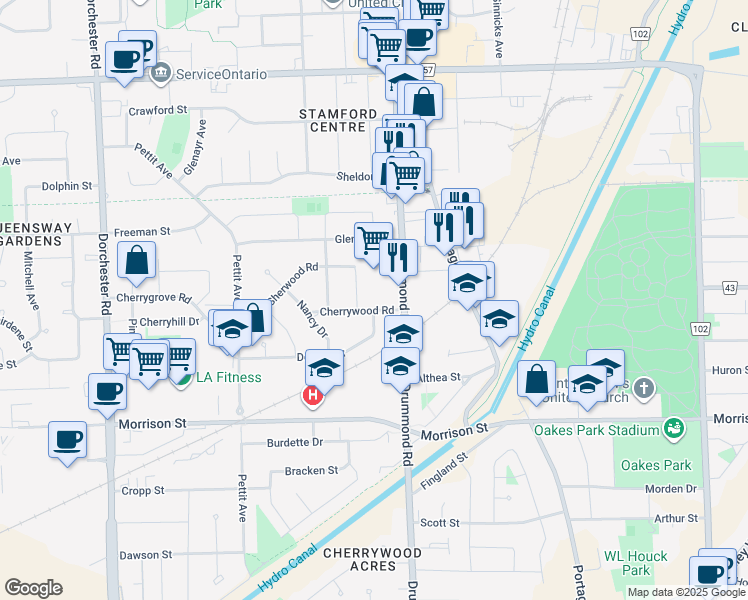 map of restaurants, bars, coffee shops, grocery stores, and more near 6283 Cherrywood Road in Niagara Falls