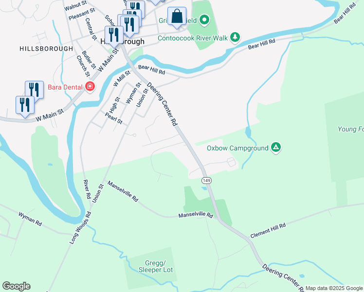 map of restaurants, bars, coffee shops, grocery stores, and more near 7 Deering Center Road in Deering