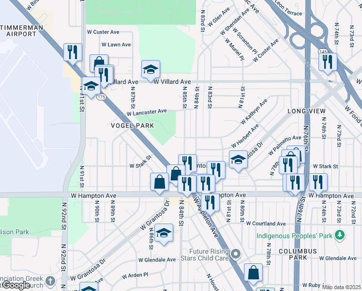 map of restaurants, bars, coffee shops, grocery stores, and more near 4961 North 85th Street in Milwaukee