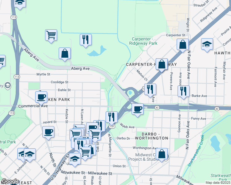 map of restaurants, bars, coffee shops, grocery stores, and more near 715 McCormick Avenue in Madison