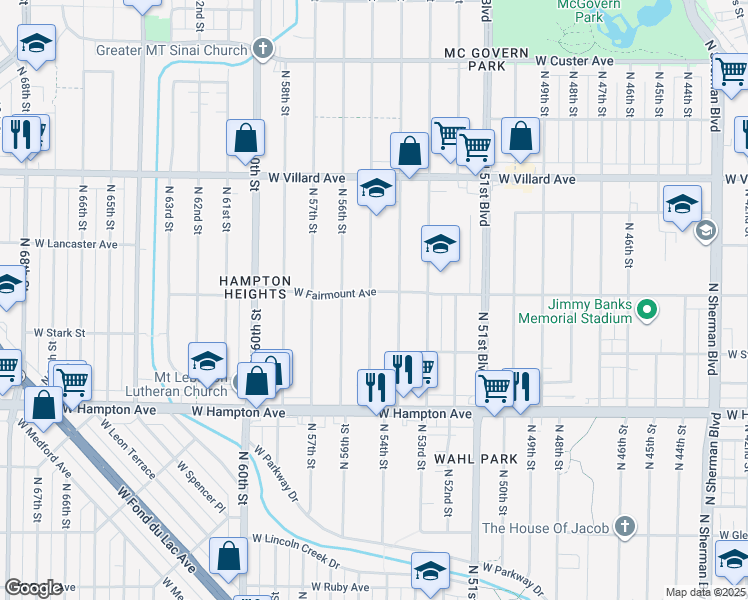 map of restaurants, bars, coffee shops, grocery stores, and more near 5002 North 55th Street in Milwaukee