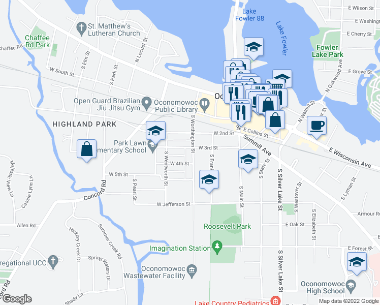 map of restaurants, bars, coffee shops, grocery stores, and more near 306 South Worthington Street in Oconomowoc