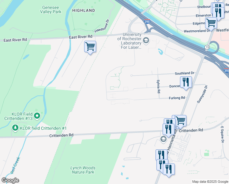 map of restaurants, bars, coffee shops, grocery stores, and more near 351 Quinby Road in Rochester