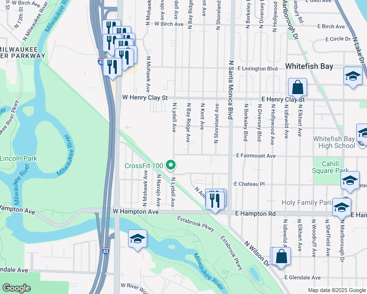 map of restaurants, bars, coffee shops, grocery stores, and more near 5034 North Bay Ridge Avenue in Whitefish Bay