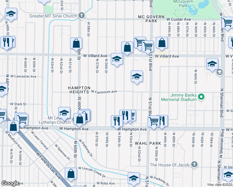 map of restaurants, bars, coffee shops, grocery stores, and more near 5002 North 55th Street in Milwaukee
