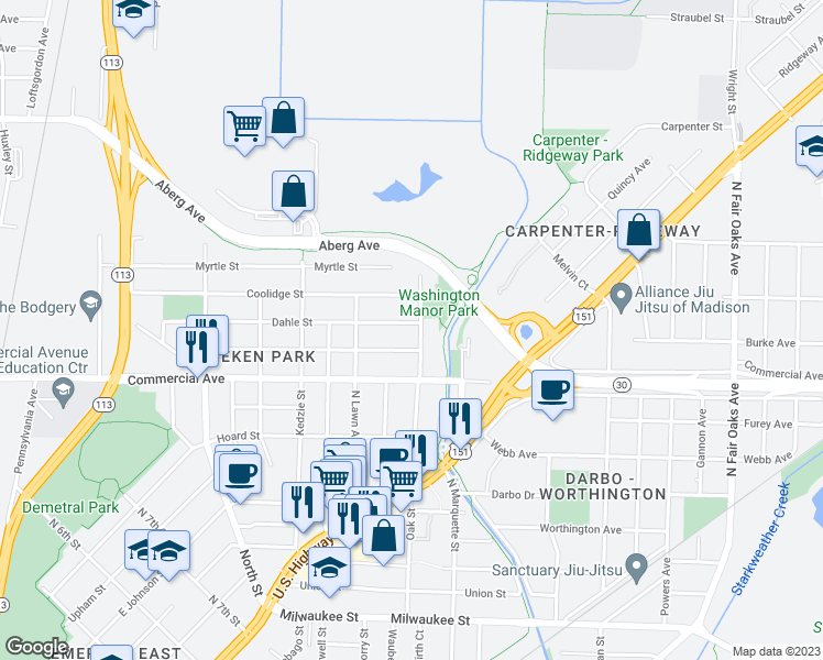 map of restaurants, bars, coffee shops, grocery stores, and more near 2848 Dahle Street in Madison