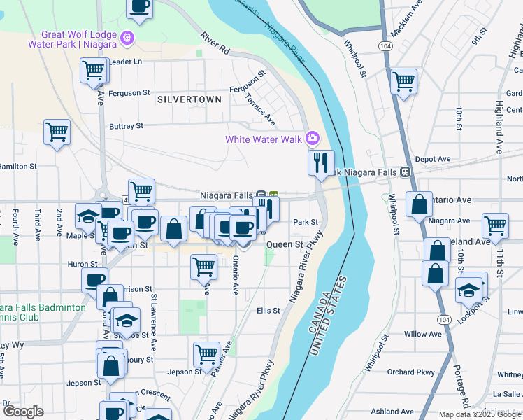map of restaurants, bars, coffee shops, grocery stores, and more near 4555 Erie Avenue in Niagara Falls