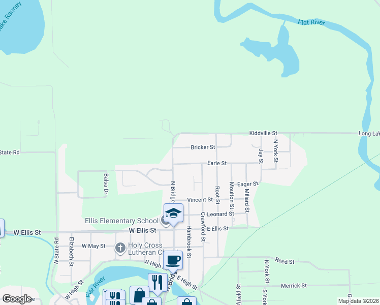 map of restaurants, bars, coffee shops, grocery stores, and more near 201 Bricker Street in Belding