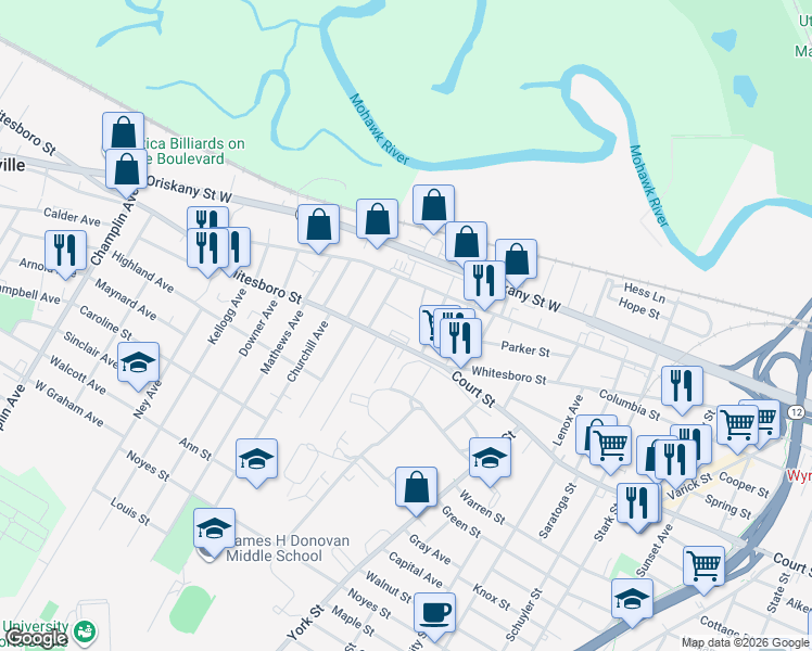 map of restaurants, bars, coffee shops, grocery stores, and more near 1506 Whitesboro Street in Utica
