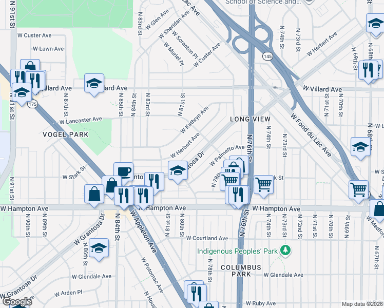 map of restaurants, bars, coffee shops, grocery stores, and more near 7942 West Grantosa Drive in Milwaukee