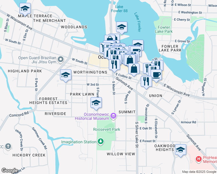 map of restaurants, bars, coffee shops, grocery stores, and more near 119 West 3rd Street in Oconomowoc