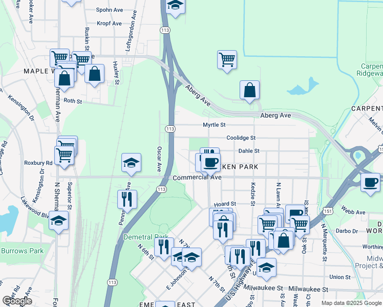 map of restaurants, bars, coffee shops, grocery stores, and more near 2401 Dahle Street in Madison