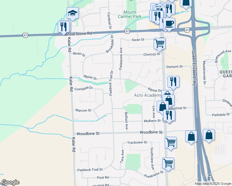 map of restaurants, bars, coffee shops, grocery stores, and more near 4457 Kathleen Crescent in Niagara Falls