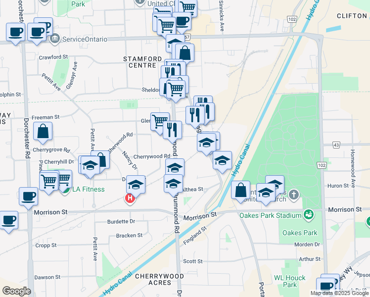 map of restaurants, bars, coffee shops, grocery stores, and more near 4500 Drummond Road in Niagara Falls