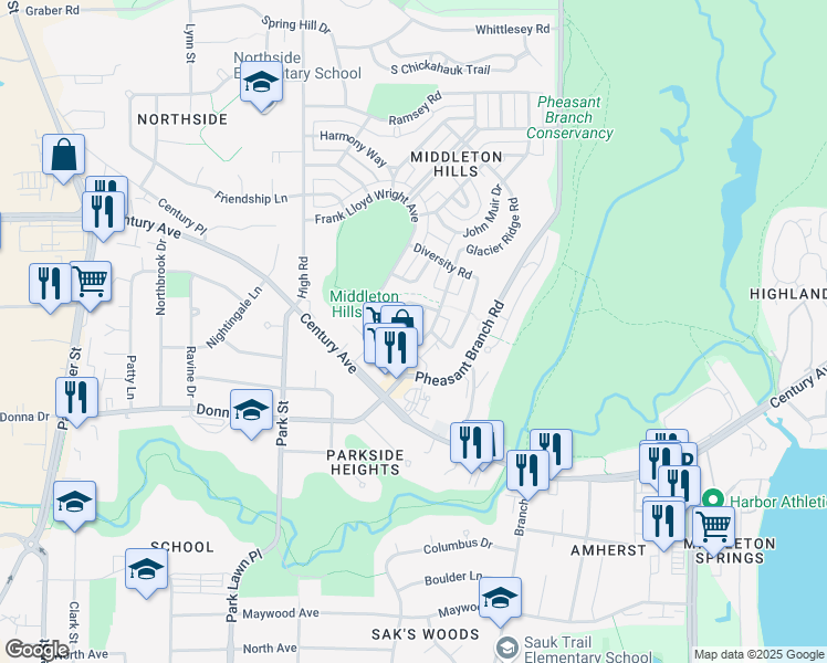 map of restaurants, bars, coffee shops, grocery stores, and more near 6750 Frank Lloyd Wright Avenue in Middleton
