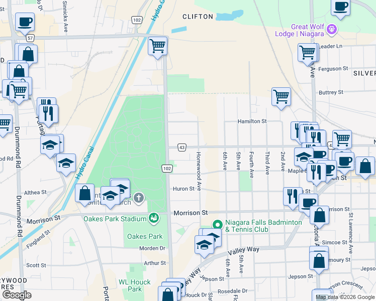 map of restaurants, bars, coffee shops, grocery stores, and more near 5366 Bridge Street in Niagara Falls